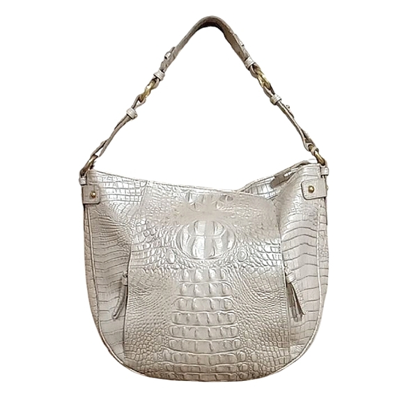 Brahmin Lauren Melbourne Bag in Oyster Croc Embossed Pearlescent Leather - Picture 1 of 14